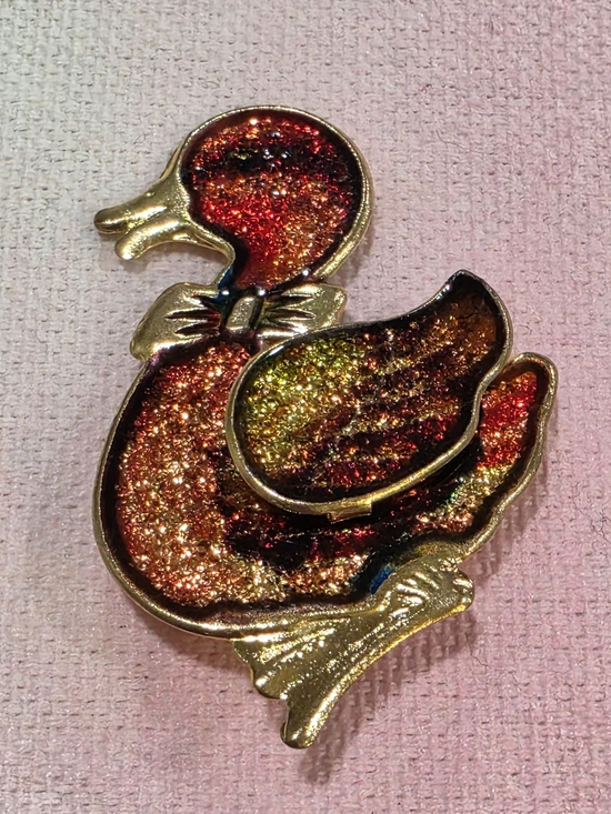 Vintage Jewelry - Vintage Metal And Glitter Fill 3-D Duck Brooch in Red-Orange-Gold